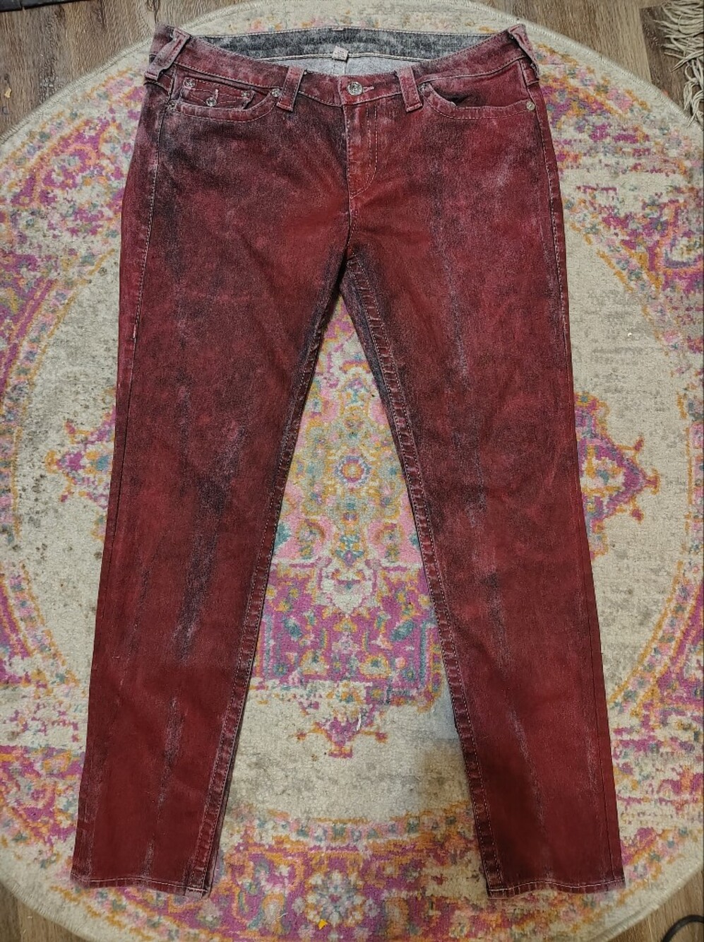 True Religion Skinny Flap Red Acid Wash Snake Print Jeans Size 34, 29 Inseam